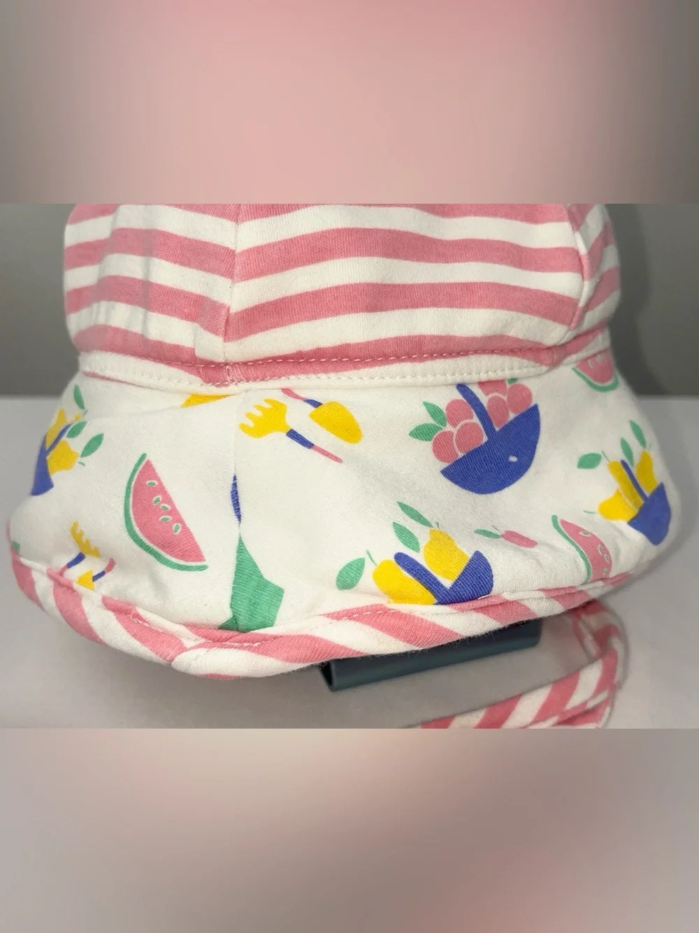 90s Marimekko Cotton Fruit Print Vintage Finnish Striped Bucket Sun Hat Infant